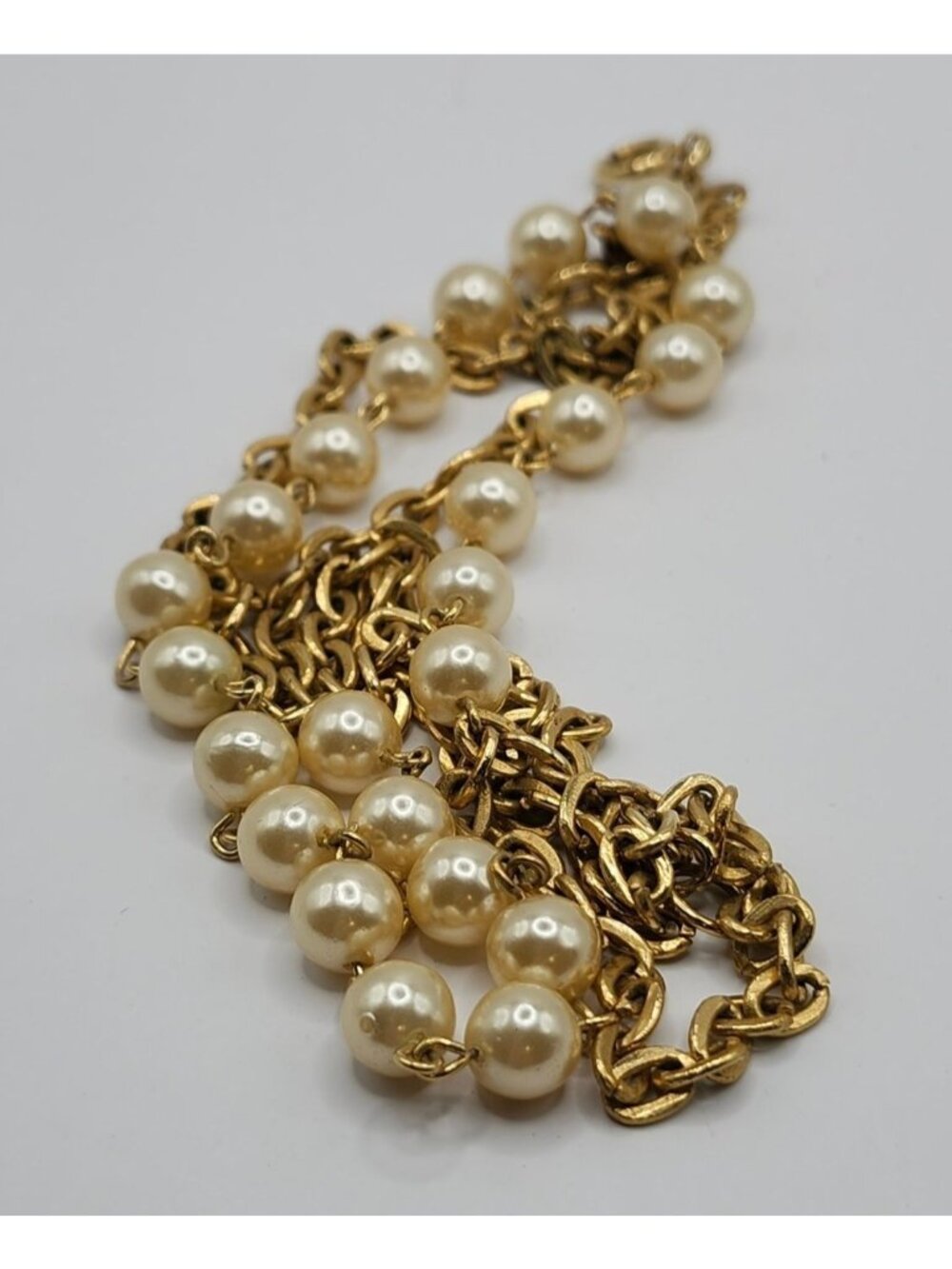 Vintage Gold-Tone Double Chain Necklace With Faux Pearls & Spring Ring Clasp - Picture 3 of 6